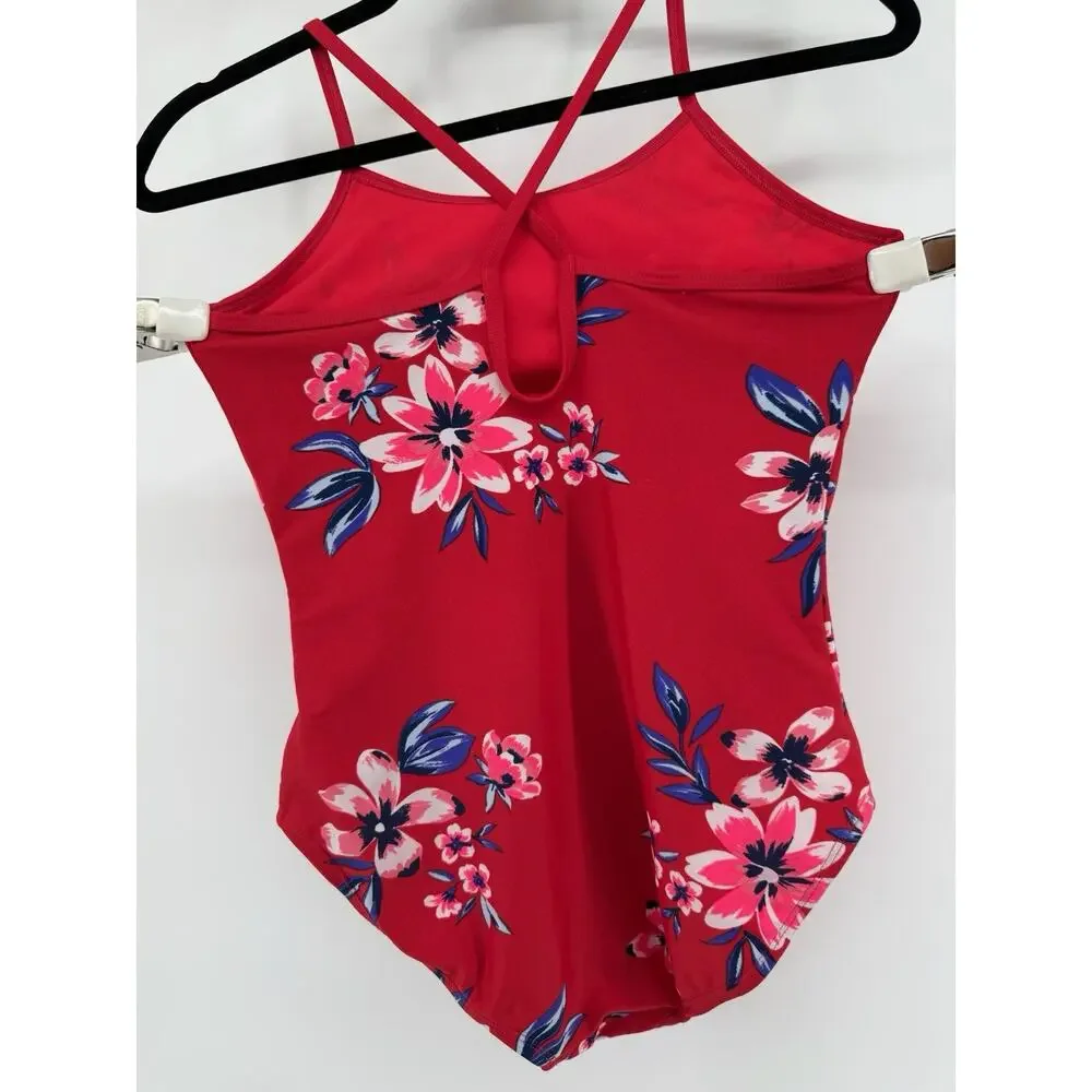 Old Navy Girls XL Swimsuit One-Piece Red Floral Pattern Straps Beach Vacation